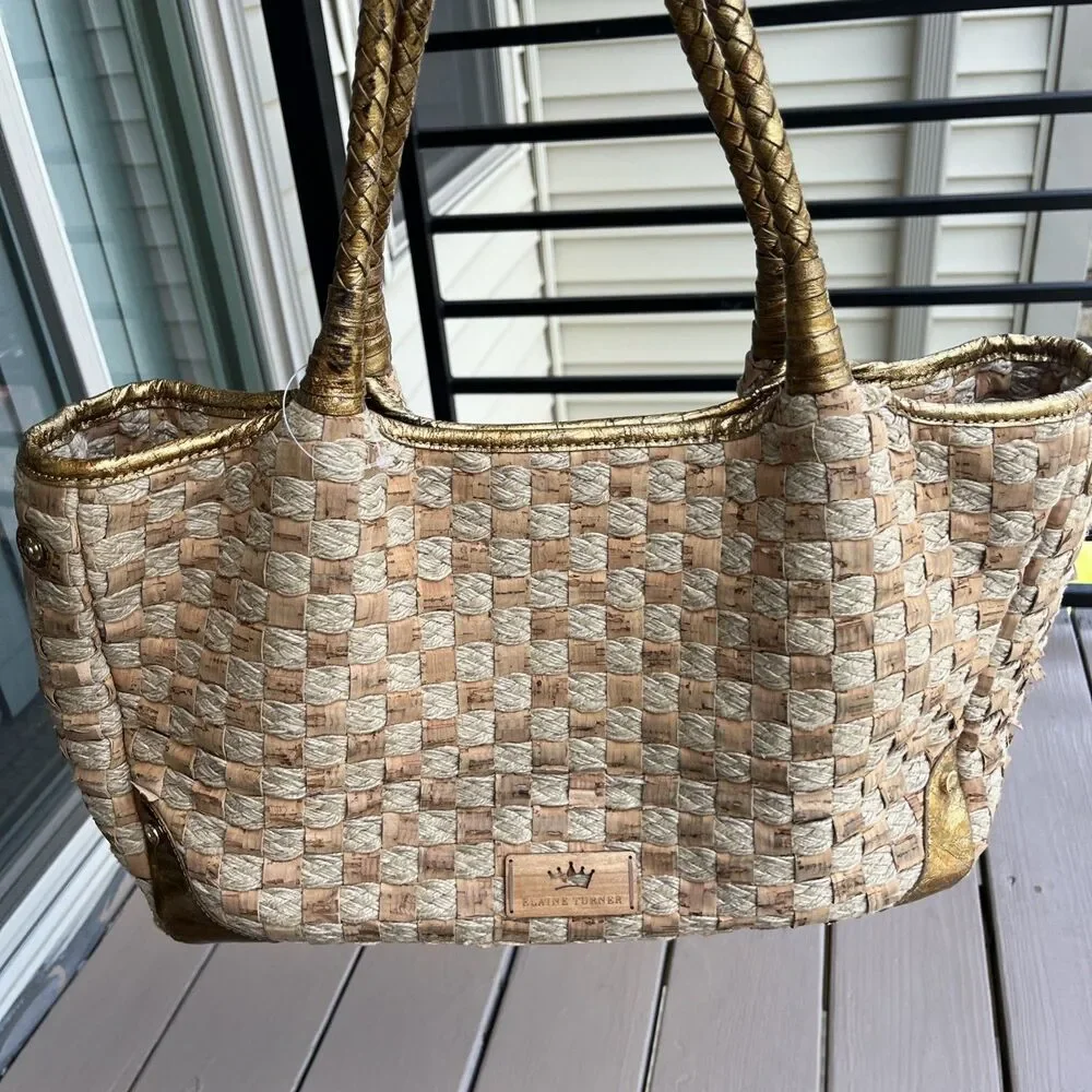 ELAINE TURNER Woven Cork Rope Tote Shoulder Bag Gold Leather Handles Boho